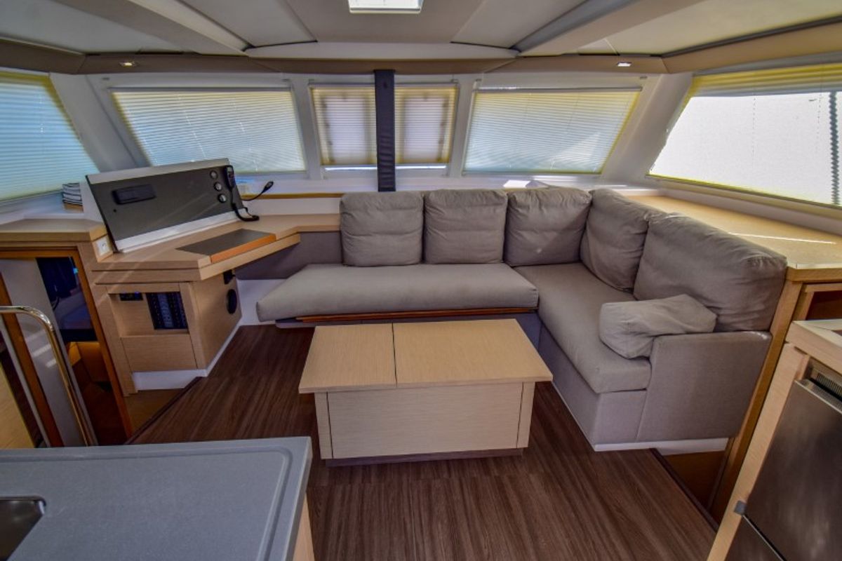 Salon of Amber, a Fountaine Pajot Lucia 40 catamaran at Marmaris, Turkey