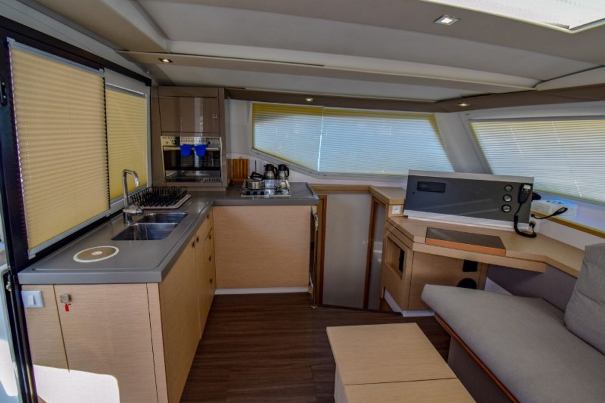 Galley of Amber, a Fountaine Pajot Lucia 40 catamaran at Marmaris, Turkey
