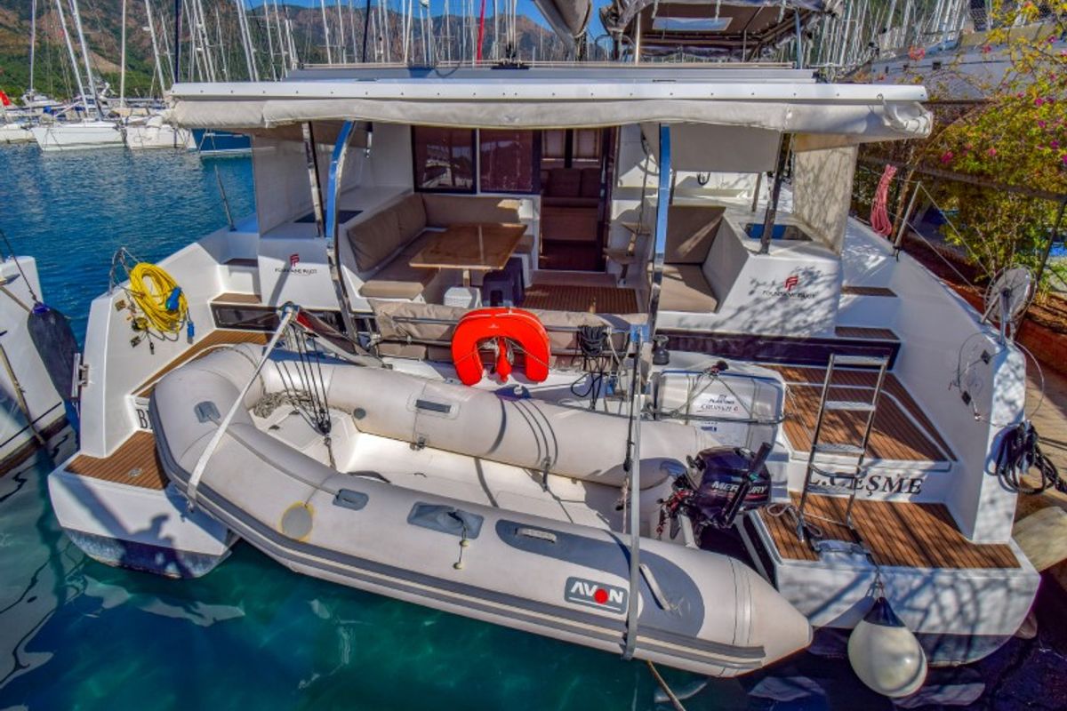 Exterior view of Amber, a Fountaine Pajot Lucia 40 catamaran at Marmaris, Turkey