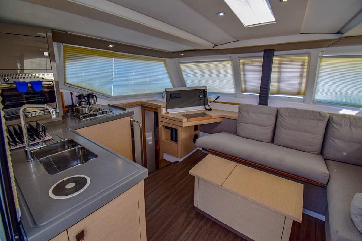 Salon of Amber, a Fountaine Pajot Lucia 40 catamaran at Marmaris, Turkey