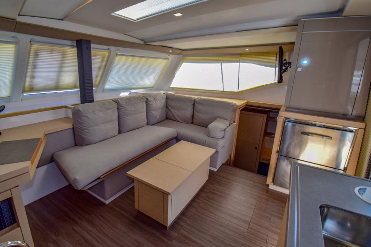 Salon of Amber, a Fountaine Pajot Lucia 40 catamaran at Marmaris, Turkey