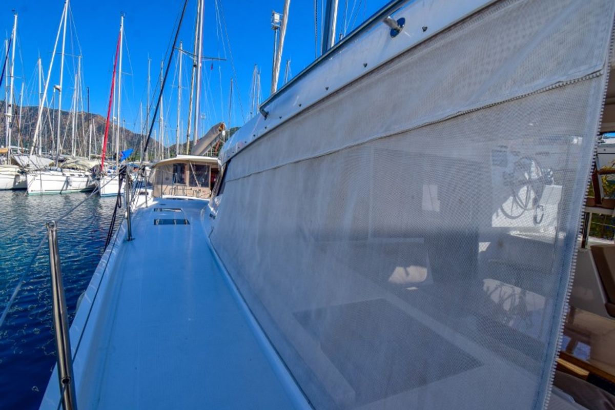 Exterior view of Amber, a Fountaine Pajot Lucia 40 catamaran at Marmaris, Turkey
