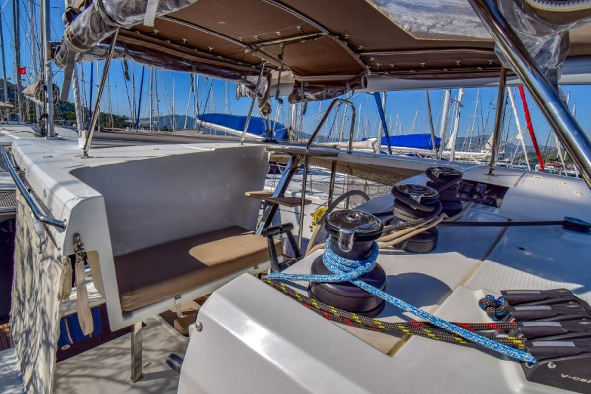 Deck of Amber, a Fountaine Pajot Lucia 40 catamaran at Marmaris, Turkey