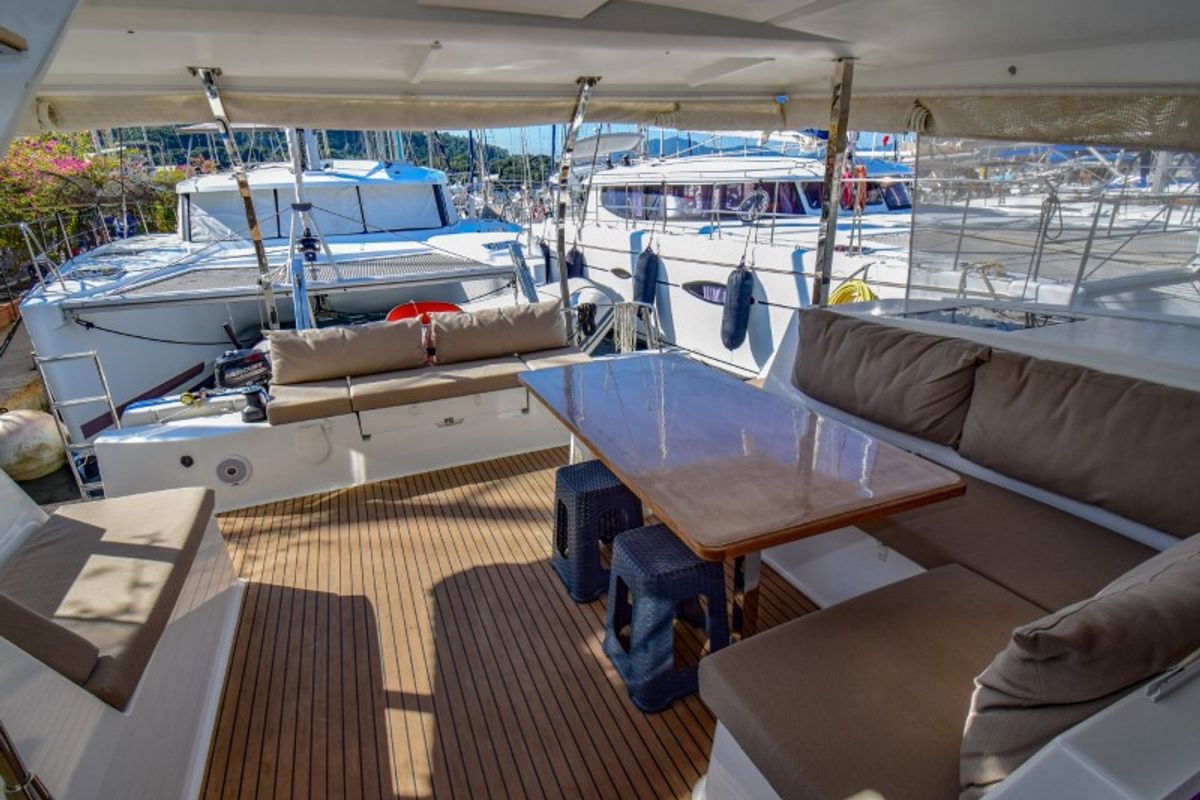 Deck of Amber, a Fountaine Pajot Lucia 40 catamaran at Marmaris, Turkey