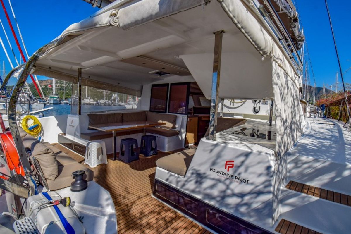Deck of Amber, a Fountaine Pajot Lucia 40 catamaran at Marmaris, Turkey