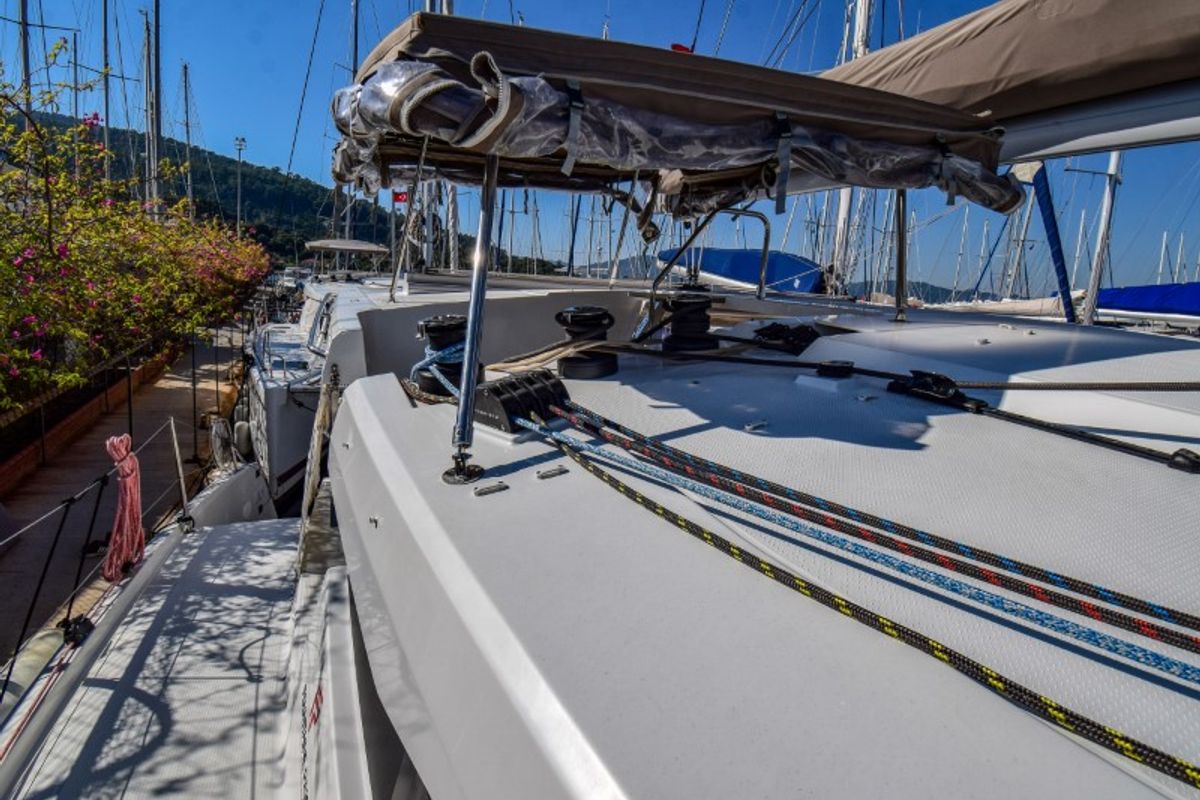 Deck of Amber, a Fountaine Pajot Lucia 40 catamaran at Marmaris, Turkey