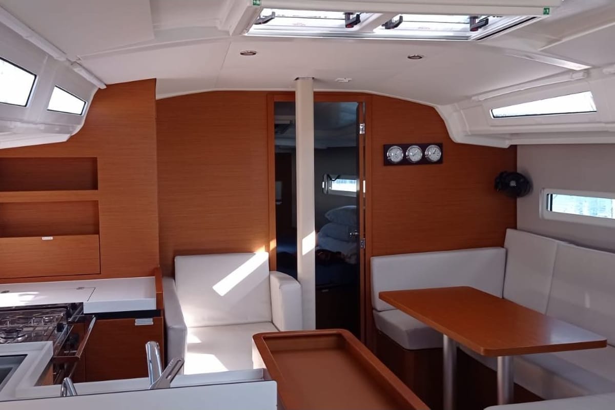 Galley of Alboran Albariño, a Jeanneau Sun Odyssey 410 sailboat at es Jonquet, Spain
