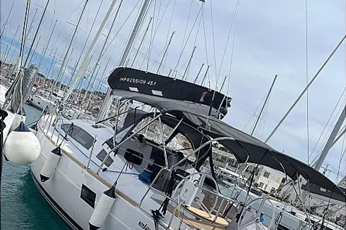 Exterior view of Lillemor II, a Elan Impression 45.1 sailboat at Grad Trogir, Croatia
