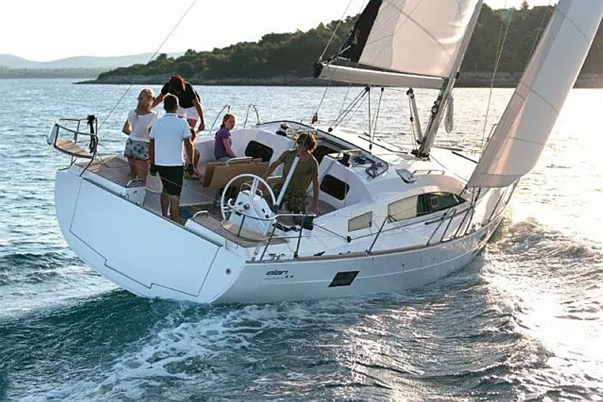 Exterior view of Lillemor II, a Elan Impression 45.1 sailboat at Grad Trogir, Croatia