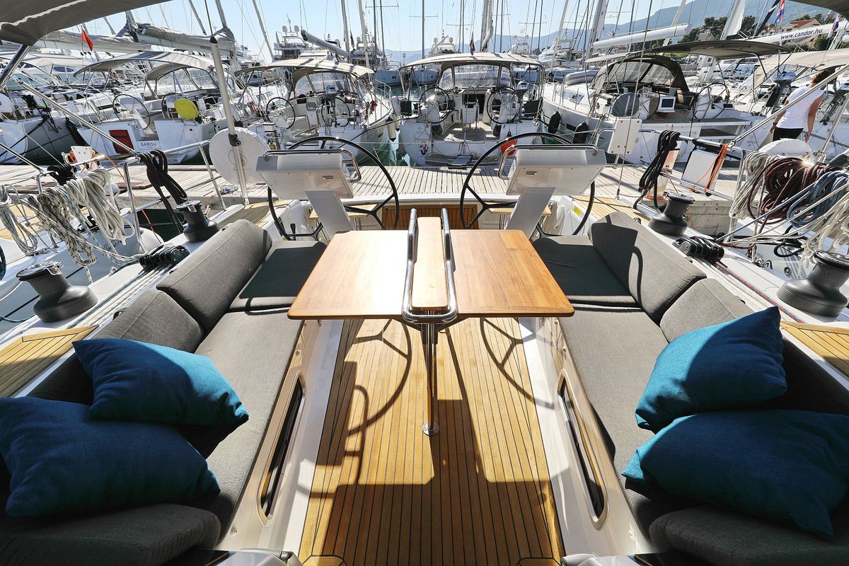 Deck of Blue Bonnet Af Lovnas - OW, a Hanse Yachts Hanse 505 sailboat at Grad Biograd na Moru, Croatia