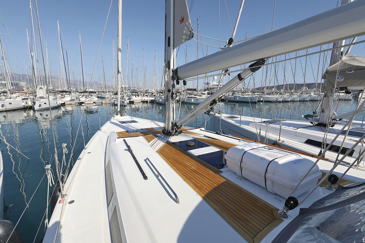 Deck of Blue Bonnet Af Lovnas - OW, a Hanse Yachts Hanse 505 sailboat at Grad Biograd na Moru, Croatia