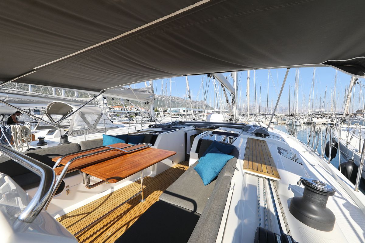 Deck of Blue Bonnet Af Lovnas - OW, a Hanse Yachts Hanse 505 sailboat at Grad Biograd na Moru, Croatia