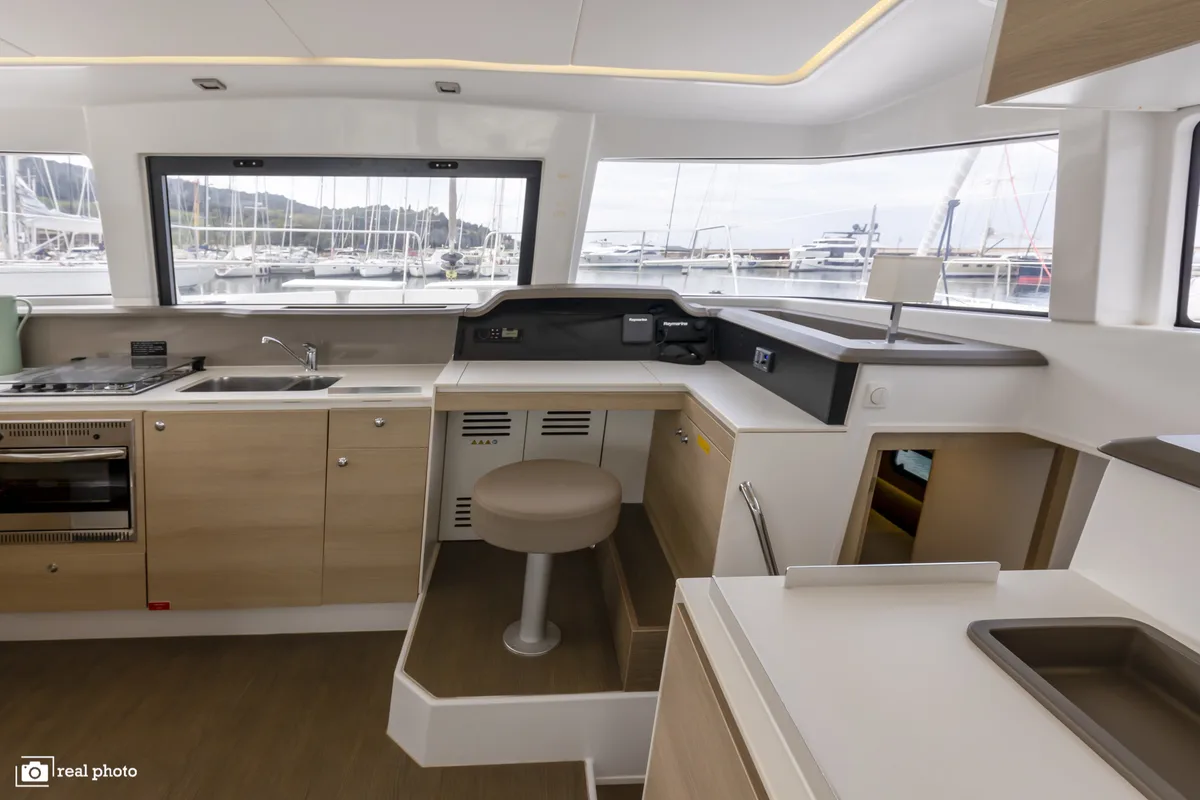 Cockpit of Weesail, a Bali 4.1 catamaran at Castellammare di Stabia, Italy