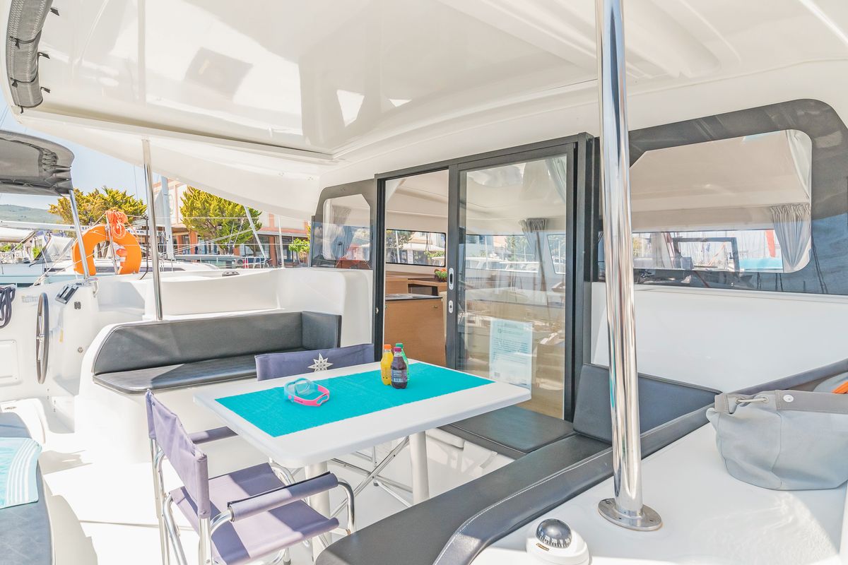 Deck of Phos, a Excess 11 catamaran at Municipal Unit of Lefkada, Greece
