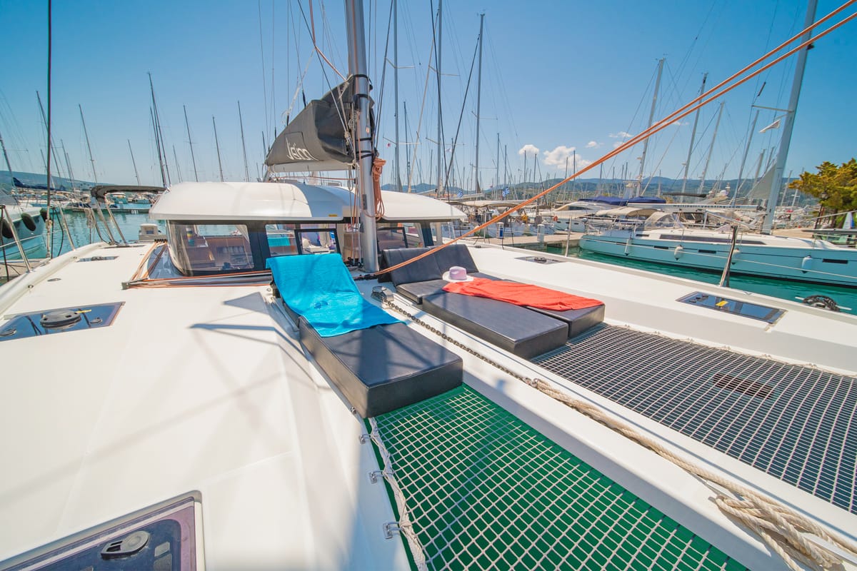 Deck of Phos, a Excess 11 catamaran at Municipal Unit of Lefkada, Greece