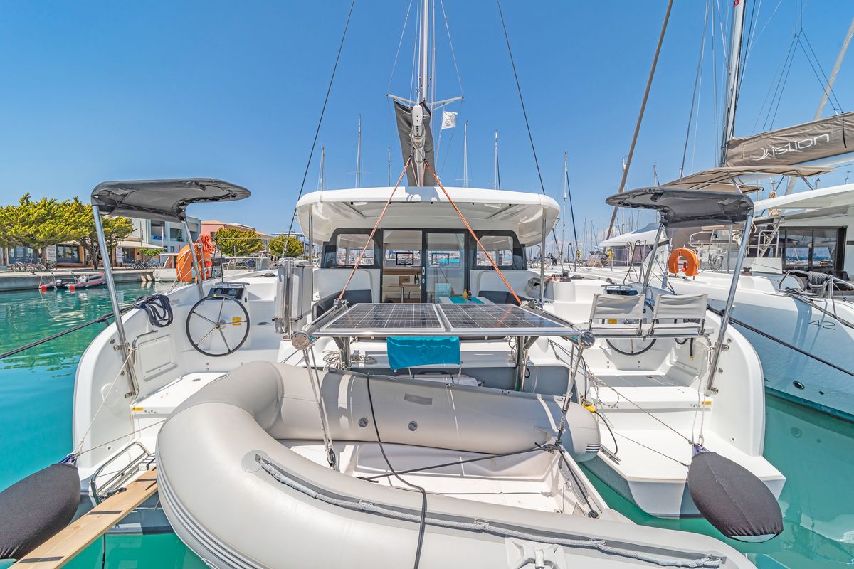 Cockpit of Phos, a Excess 11 catamaran at Municipal Unit of Lefkada, Greece