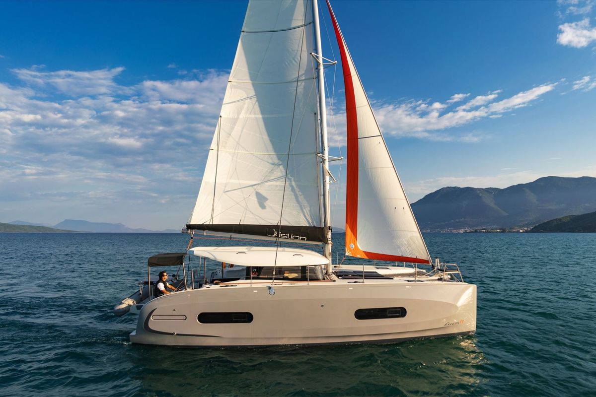 Exterior view of Phos, a Excess 11 catamaran at Municipal Unit of Lefkada, Greece