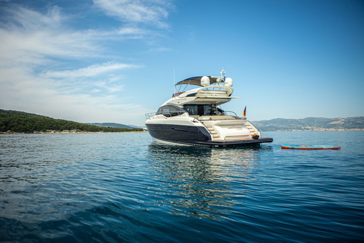 Exterior view of MIRNO MORE, a Princess Yachts Princess S65 yacht at Grad Kaštela, Croatia