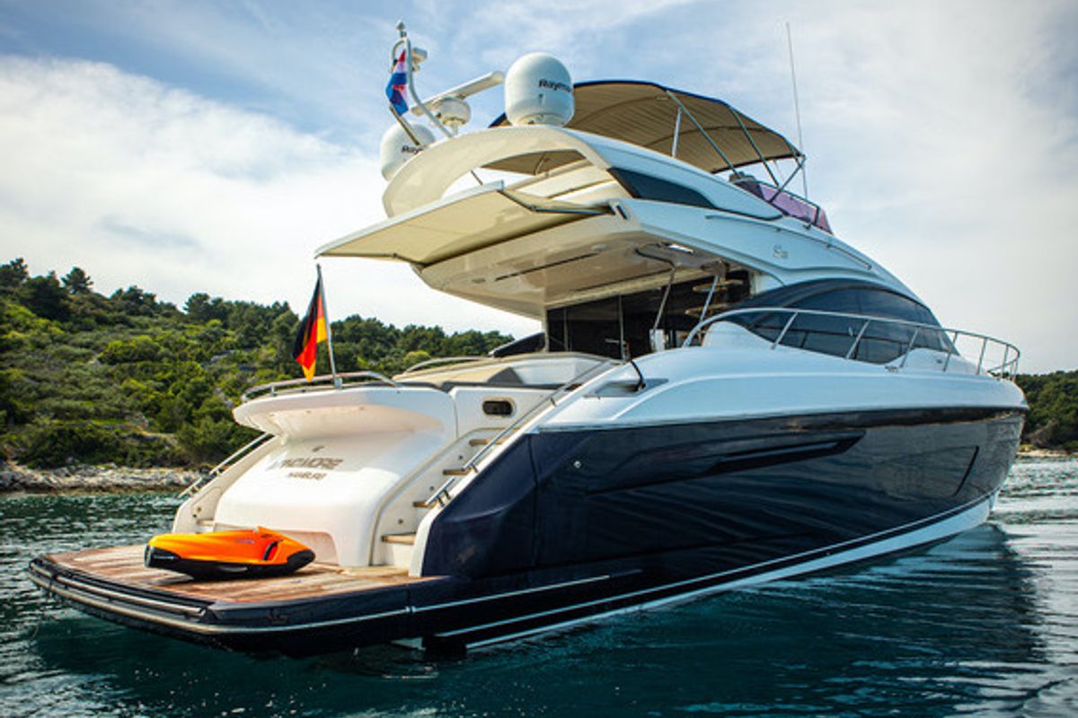 Exterior view of MIRNO MORE, a Princess Yachts Princess S65 yacht at Grad Kaštela, Croatia
