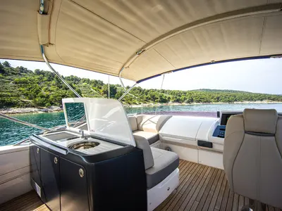 Cockpit of MIRNO MORE, a Princess Yachts Princess S65 yacht at Grad Kaštela, Croatia
