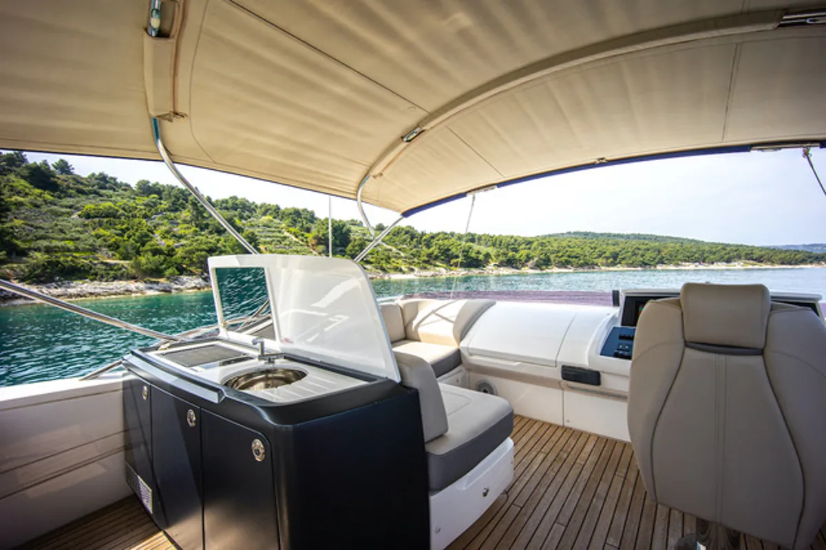 Cockpit of MIRNO MORE, a Princess Yachts Princess S65 yacht at Grad Kaštela, Croatia