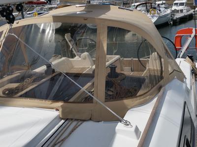 Cockpit of Excalibur, a Dufour 382 Grand Large sailboat at Port Navalo, France