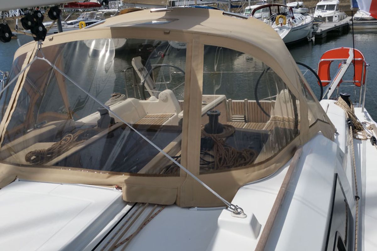 Cockpit of Excalibur, a Dufour 382 Grand Large sailboat at Port Navalo, France