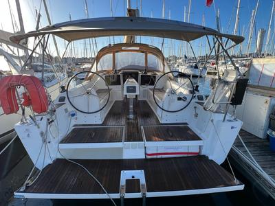 Cockpit of Excalibur, a Dufour 382 Grand Large sailboat at Port Navalo, France