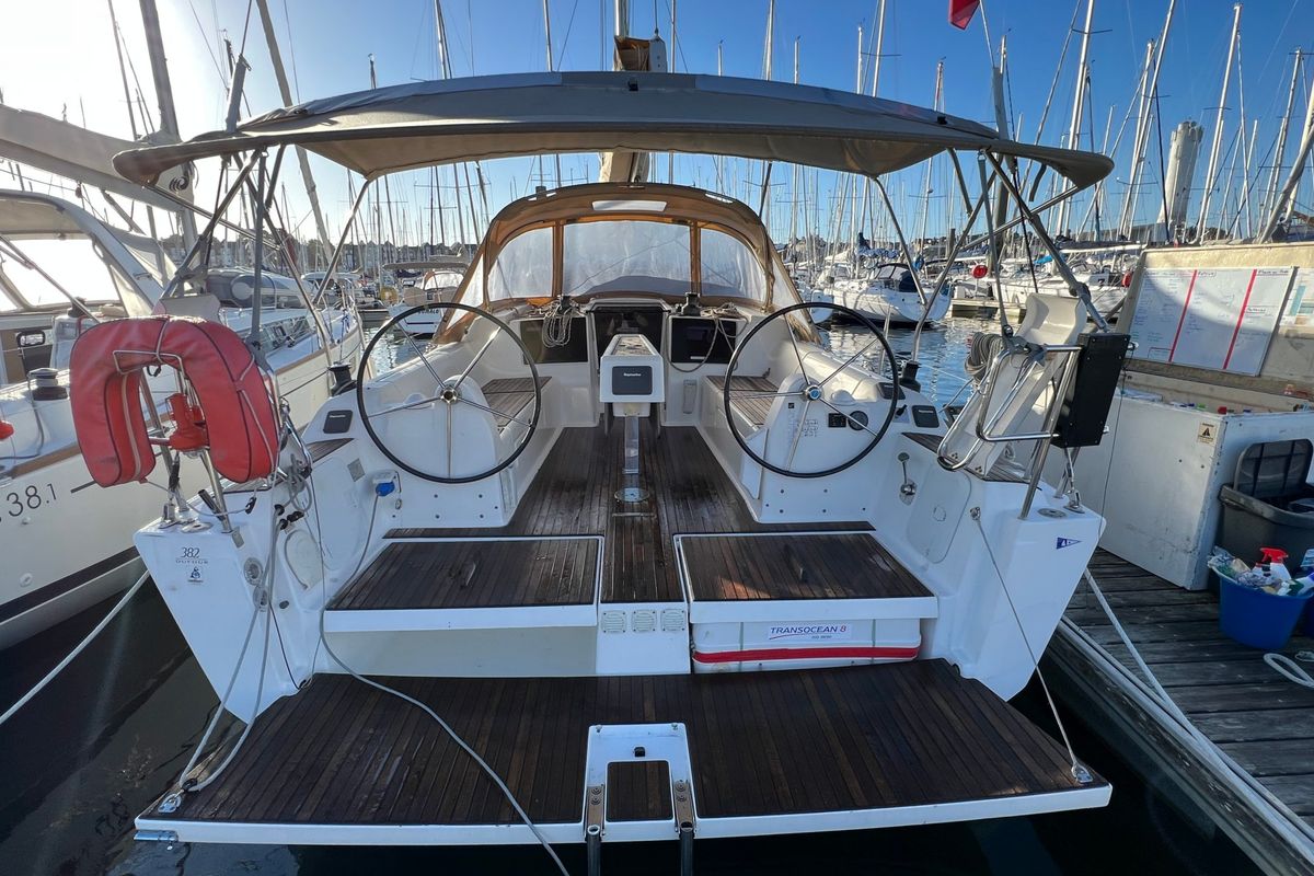 Cockpit of Excalibur, a Dufour 382 Grand Large sailboat at Port Navalo, France