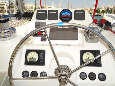 Cockpit of La Luna, a Leopard 44 catamaran at es Jonquet, Spain