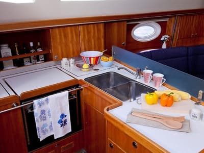 Galley of Kallisti, a Elan 434 Impression sailboat at Municipal Unit of Lefkada, Greece