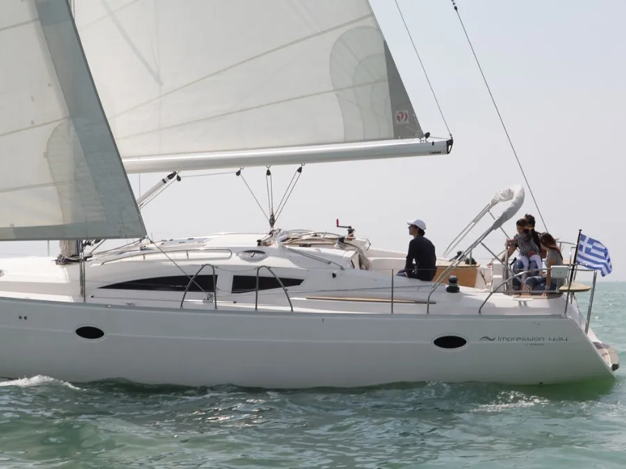 Exterior view of Kallisti, a Elan 434 Impression sailboat at Municipal Unit of Lefkada, Greece