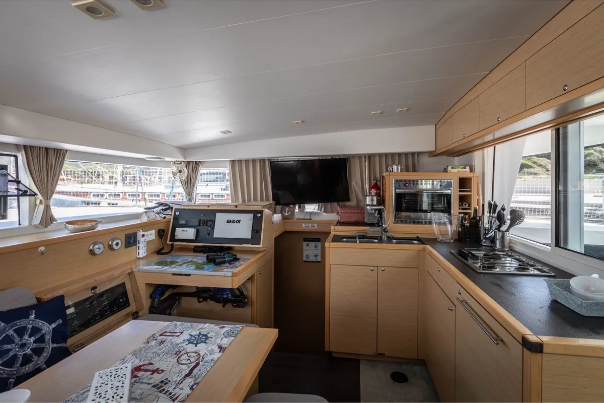 Galley of Mirfak, a Lagoon 400 S2 catamaran at Rosignano Solvay, Italy
