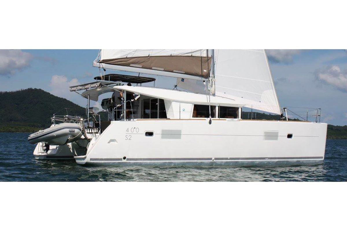 Exterior view of Mirfak, a Lagoon 400 S2 catamaran at Rosignano Solvay, Italy