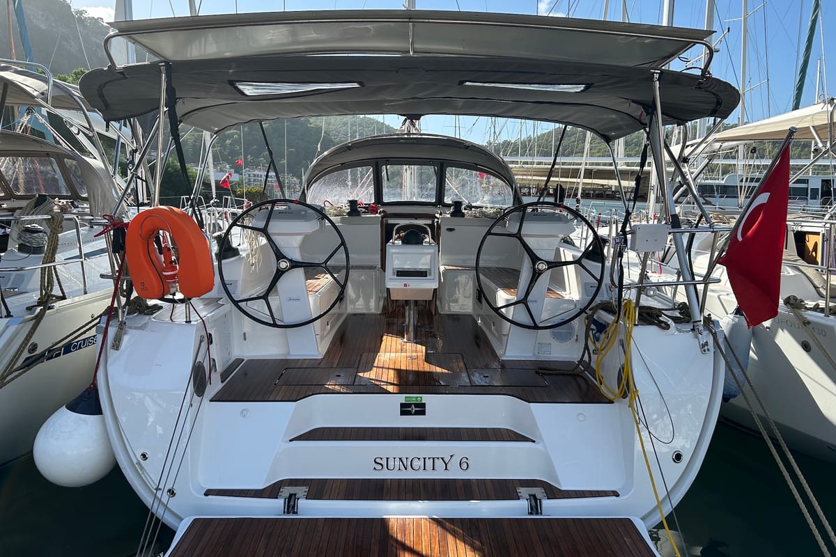 Cockpit of Suncity 6, a Bavaria Cruiser 46 sailboat at Fethiye, Turkey