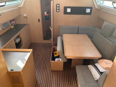 Salon of Suncity 6, a Bavaria Cruiser 46 sailboat at Fethiye, Turkey