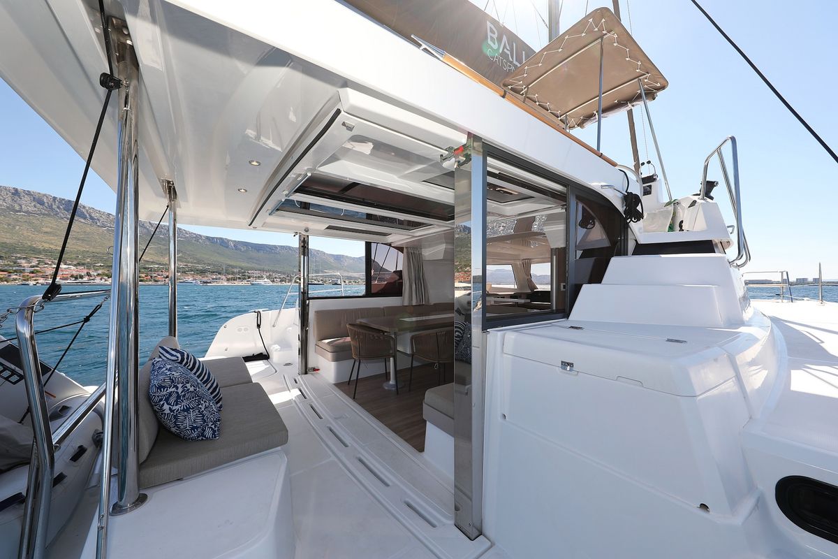 Deck of Toma, a Bali Catspace catamaran at Grad Kaštela, Croatia