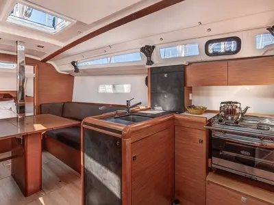 Galley of Pelti, a Jeanneau Sun Odyssey 349 sailboat at Kontokali, Greece