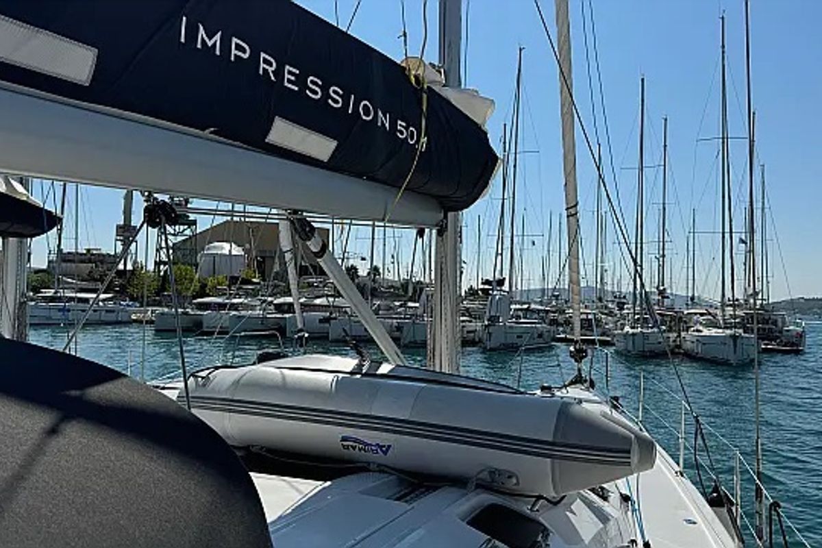 Deck of Miss Esme, a Elan Impression 50.1 sailboat at Seget Donji, Croatia
