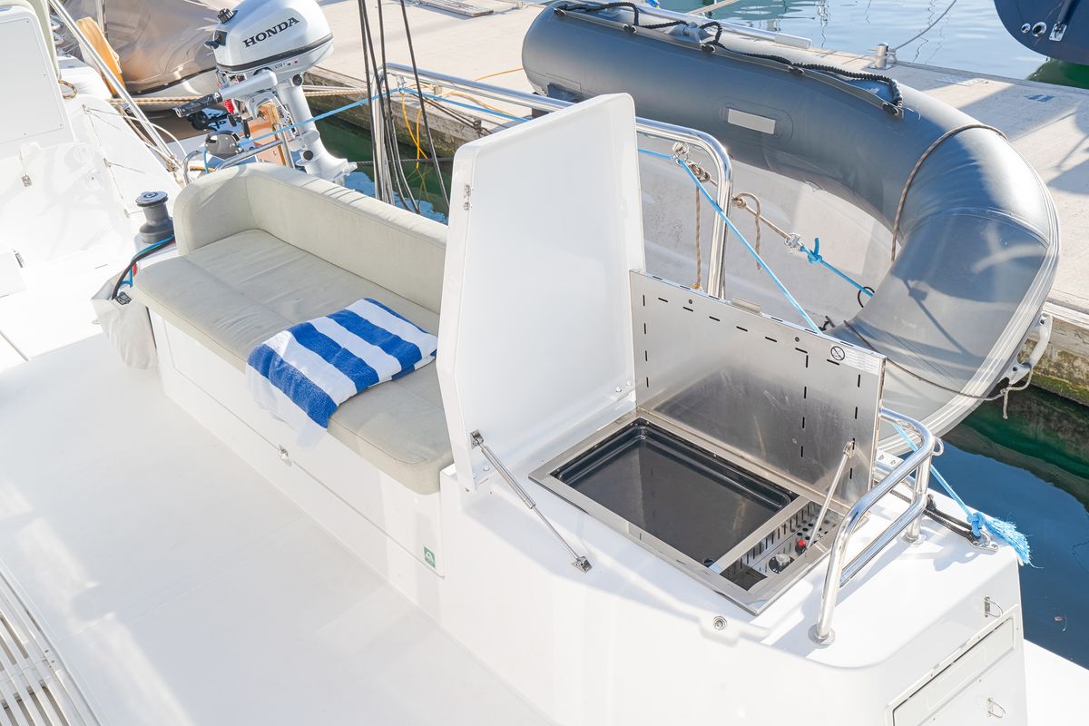 Deck of First Flirt, a Bali Catsmart catamaran at Skradin, Croatia