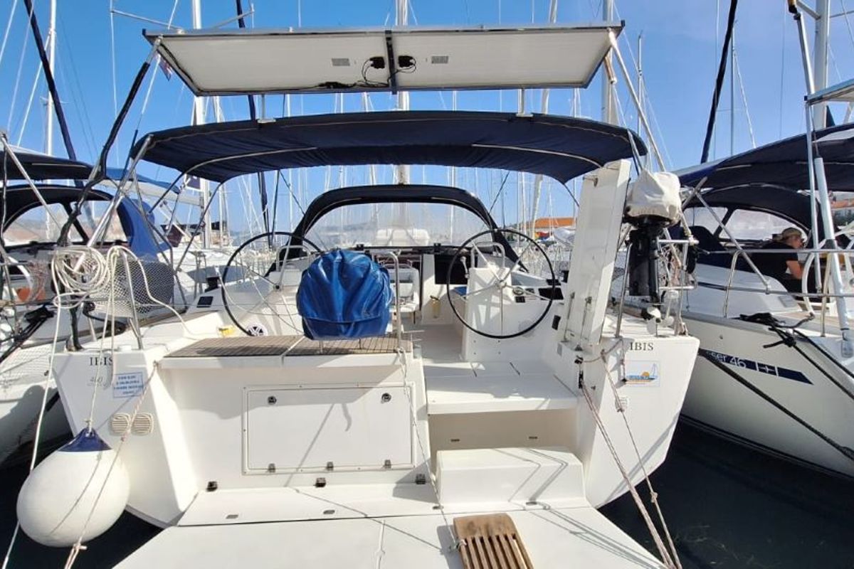 Cockpit of Ibis, a Dufour 460 GL sailboat at Grad Šibenik, Croatia