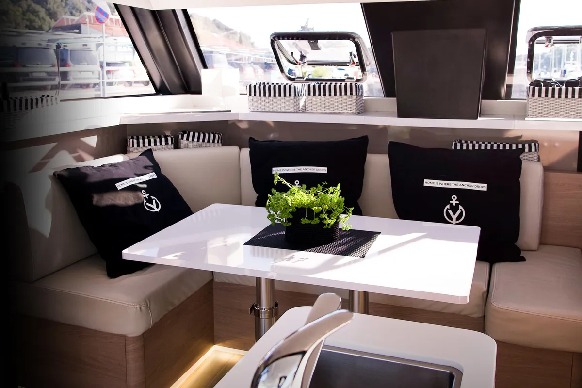Salon of Jumping Fitness, a Aventura Catamarans Aventura 34 catamaran at Grad Šibenik, Croatia