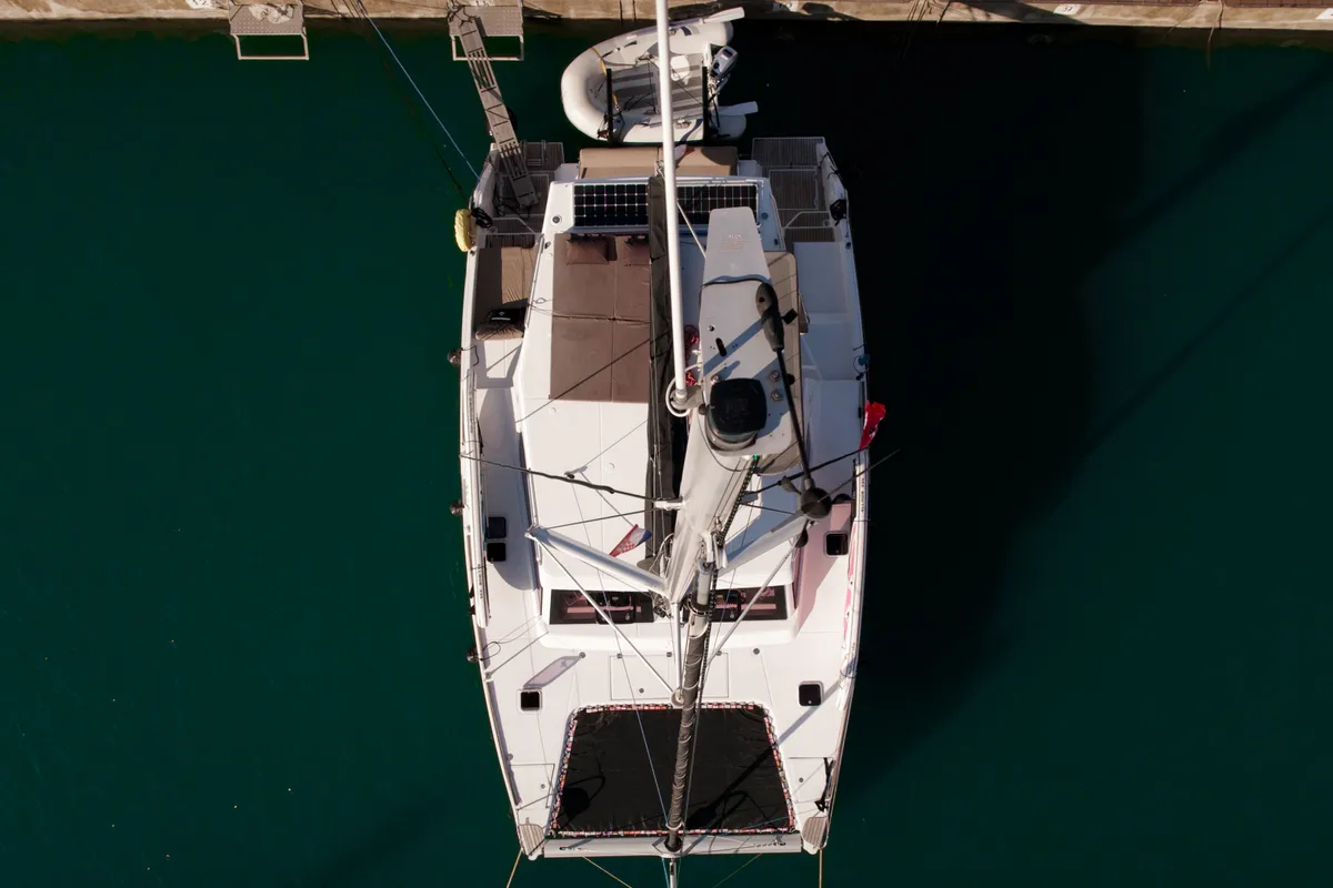 Exterior view of Jumping Fitness, a Aventura Catamarans Aventura 34 catamaran at Grad Šibenik, Croatia