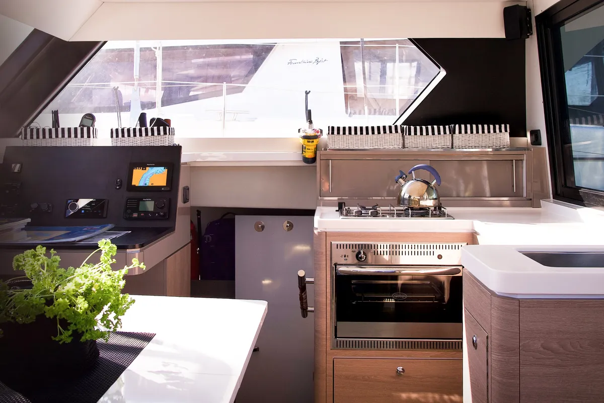 Galley of Jumping Fitness, a Aventura Catamarans Aventura 34 catamaran at Grad Šibenik, Croatia