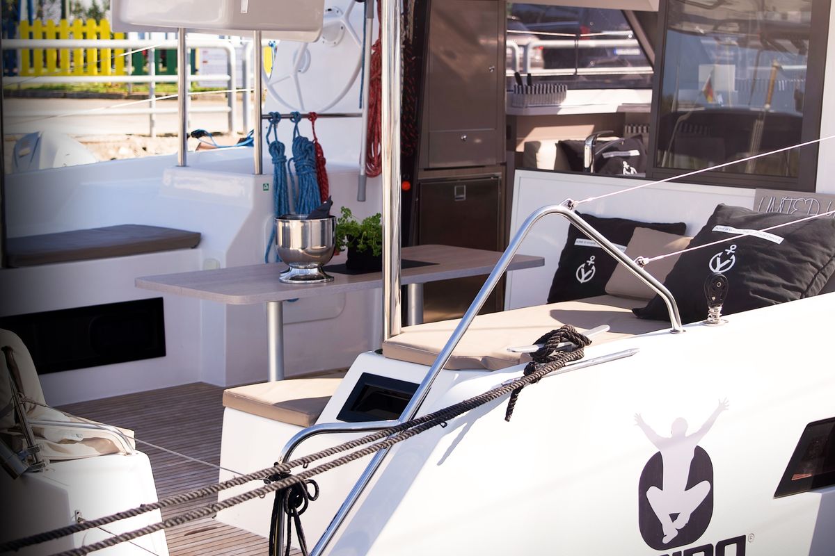 Deck of Jumping Fitness, a Aventura Catamarans Aventura 34 catamaran at Grad Šibenik, Croatia