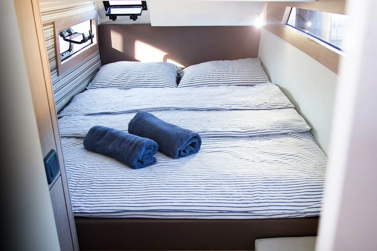 Cabin on Jumping Fitness, a Aventura Catamarans Aventura 34 catamaran at Grad Šibenik, Croatia