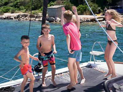 Deck of Jumping Fitness, a Aventura Catamarans Aventura 34 catamaran at Grad Šibenik, Croatia