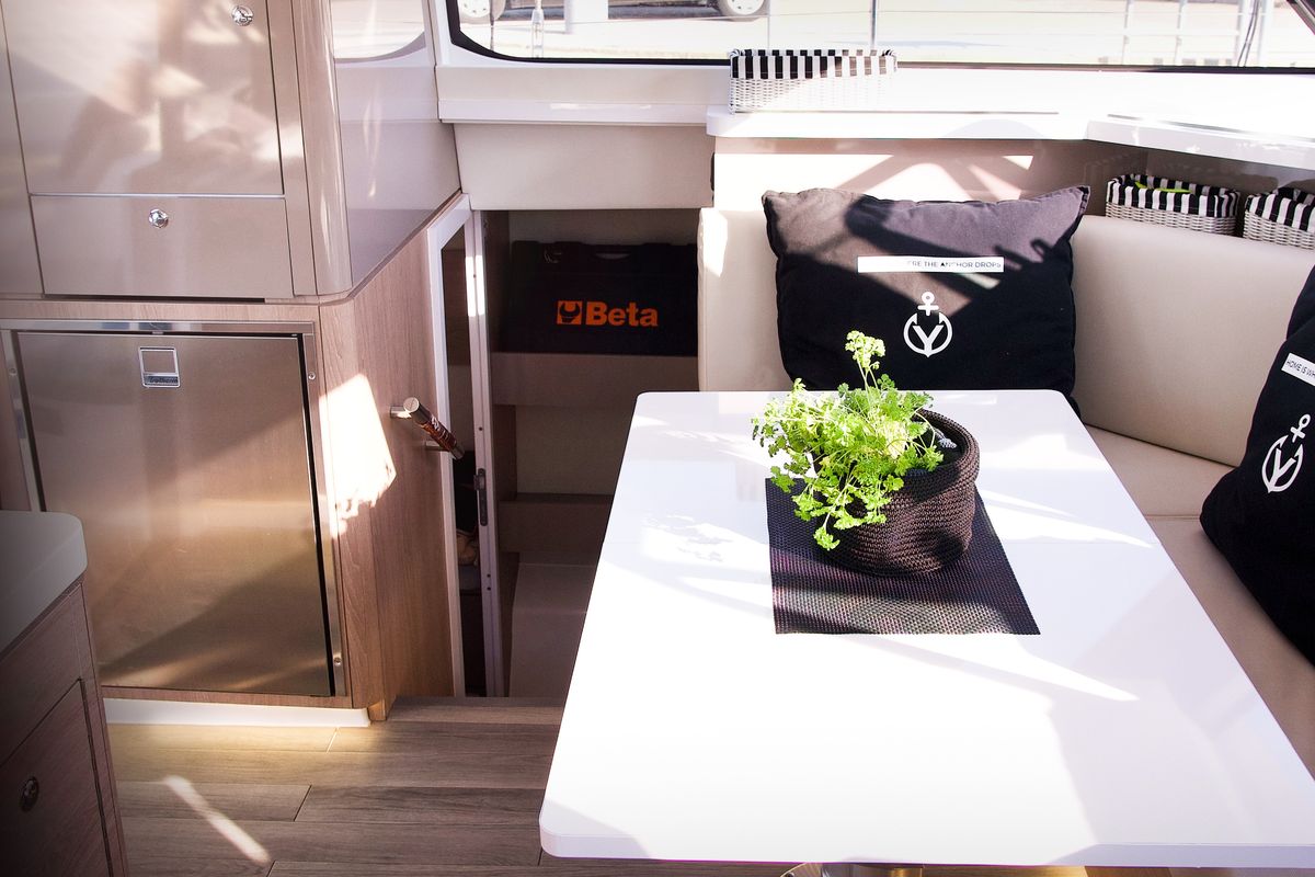 Salon of Jumping Fitness, a Aventura Catamarans Aventura 34 catamaran at Grad Šibenik, Croatia