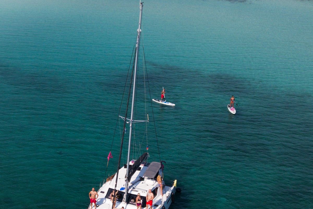 Exterior view of Jumping Fitness, a Aventura Catamarans Aventura 34 catamaran at Grad Šibenik, Croatia
