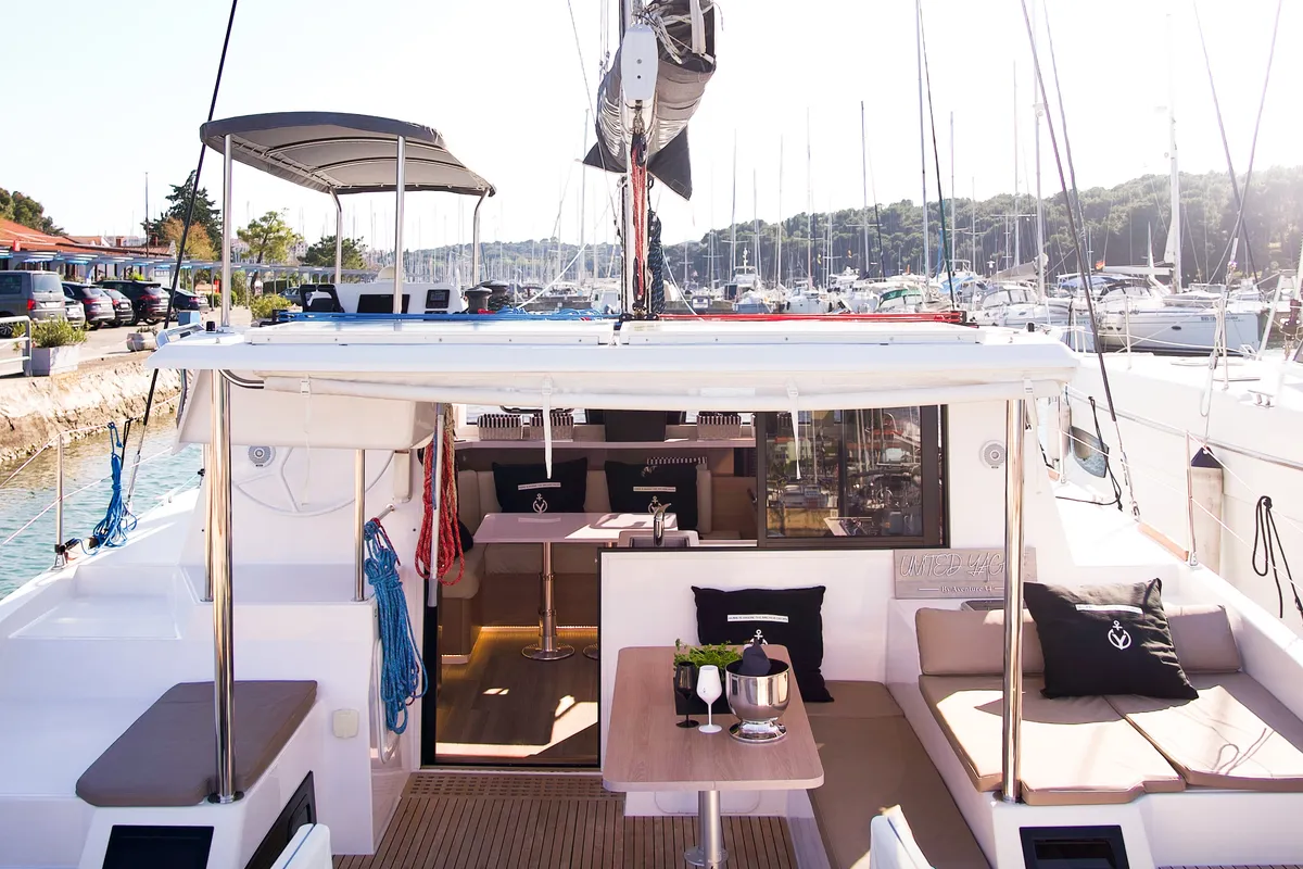 Deck of Jumping Fitness, a Aventura Catamarans Aventura 34 catamaran at Grad Šibenik, Croatia